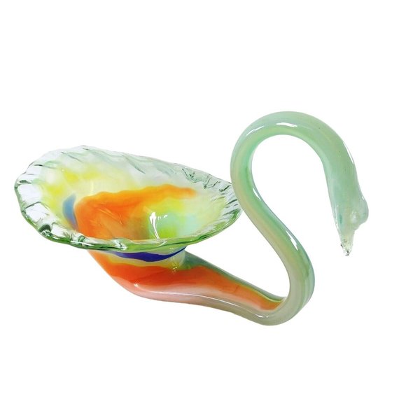 Art Glass Swan Hand Blown Bowl Floral Candy Dish Centerpiece Artisan Made - Picture 2 of 9